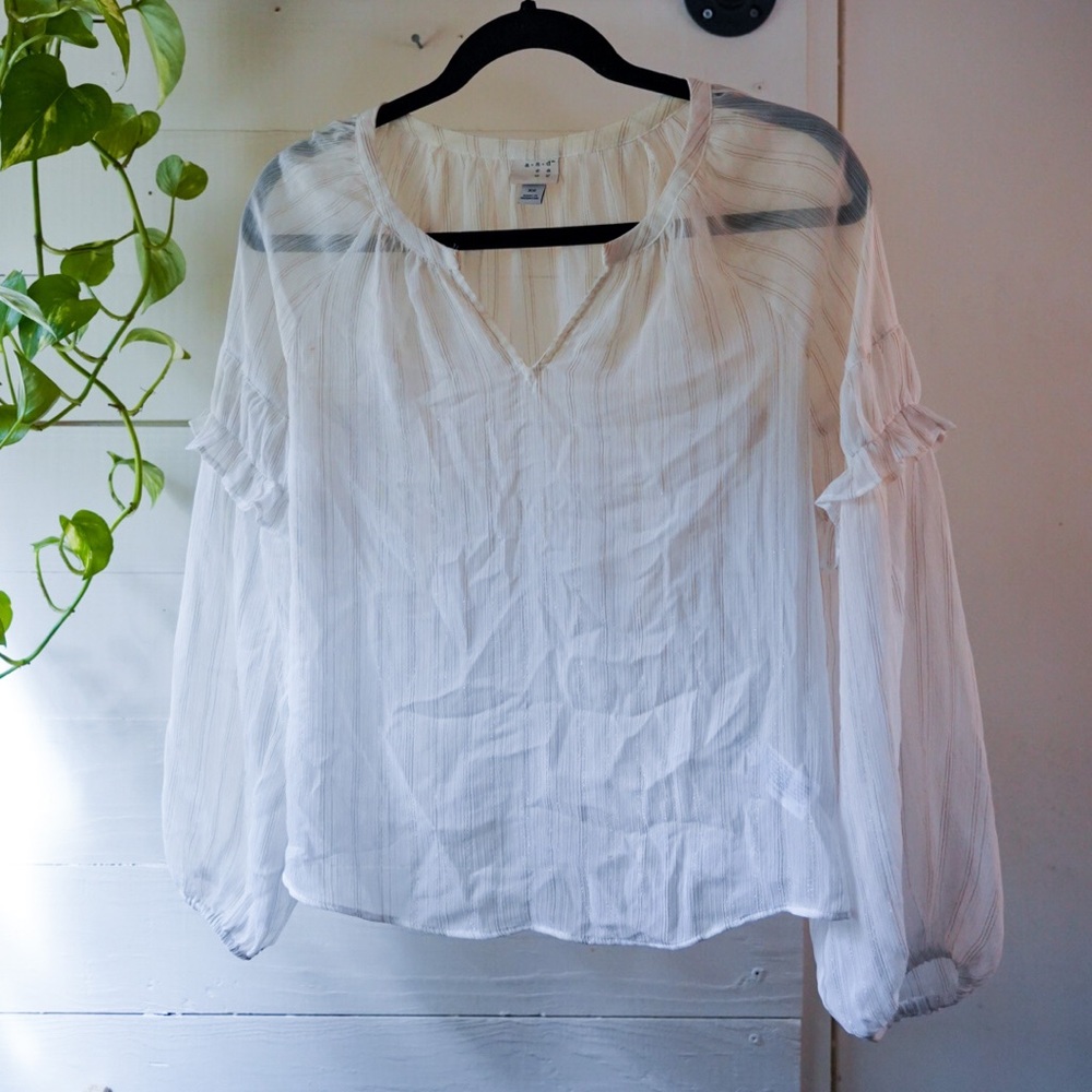 Sheer White with Gold Stripes Ruffled Long Sleeve Top